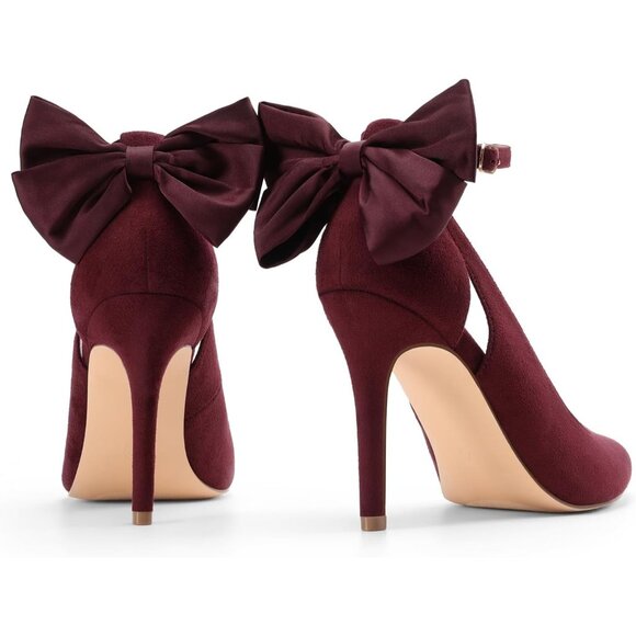 Dream Pair Women's Burgundy-suede Faux Suede Strappy Pointed Toe Bow Shoes Pumps - Picture 5 of 7